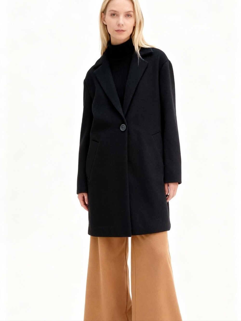 Halogen Wool-Blend One-Button Black Coat Size M